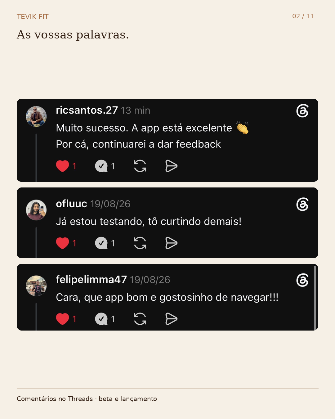 Comentários reais no Threads sobre a experiência e navegação na Tevik Fit