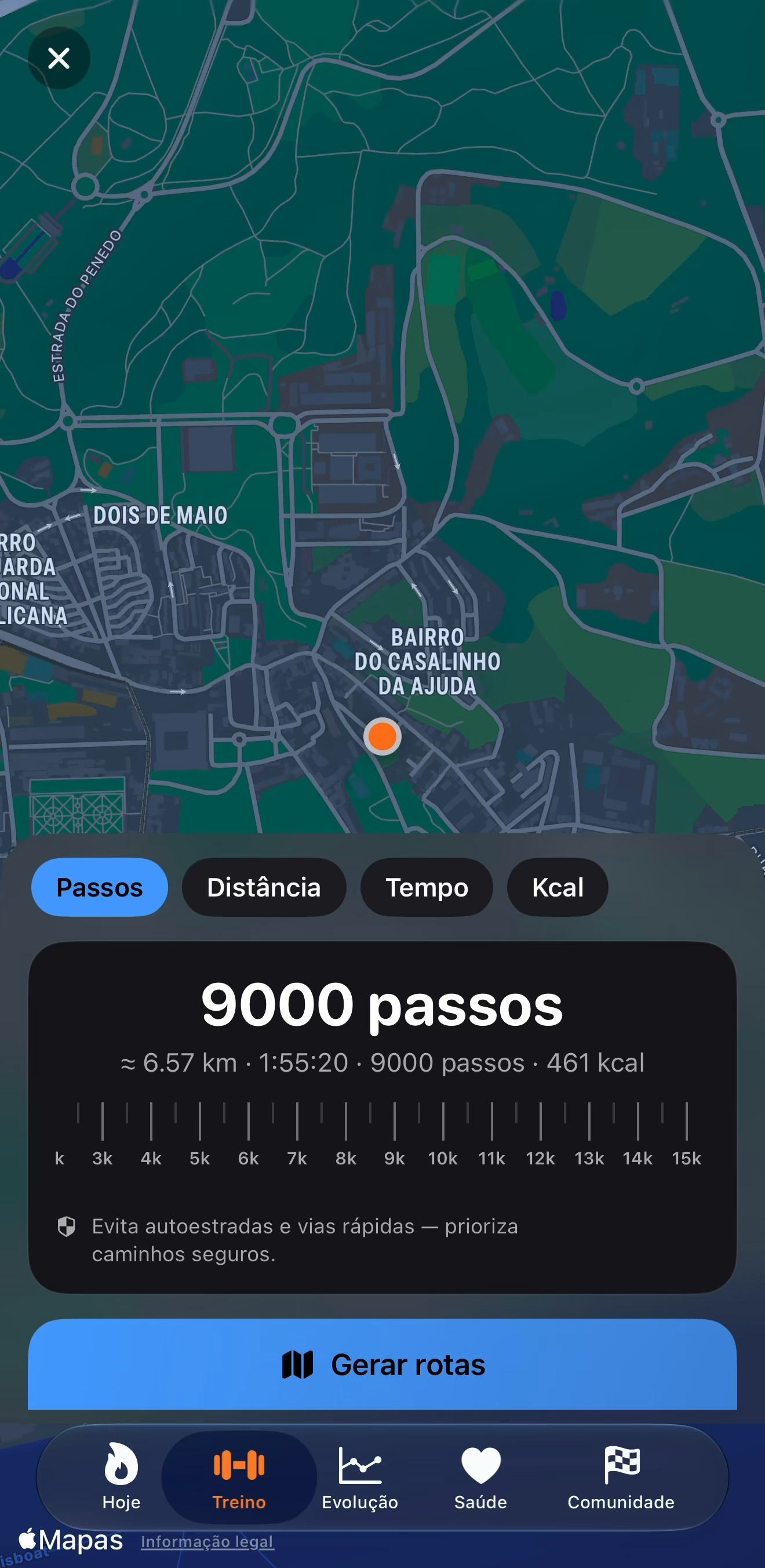 Ecrã da Tevik Fit a escolher o objetivo da rota em passos, distância, tempo ou calorias