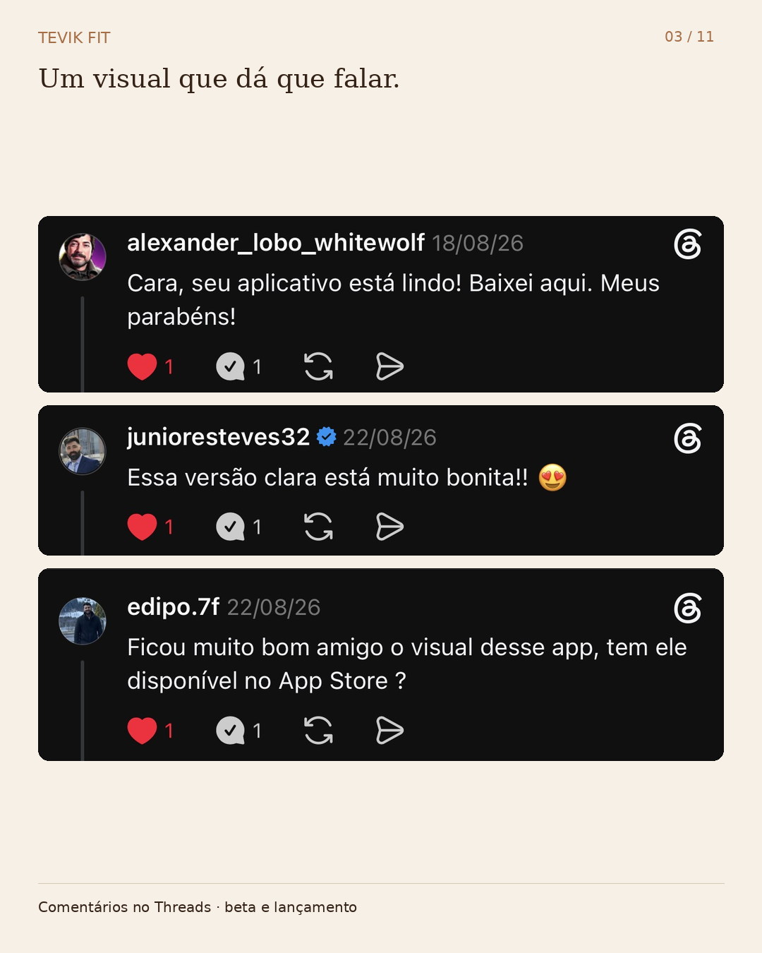 Comentários reais no Threads sobre o design da Tevik Fit