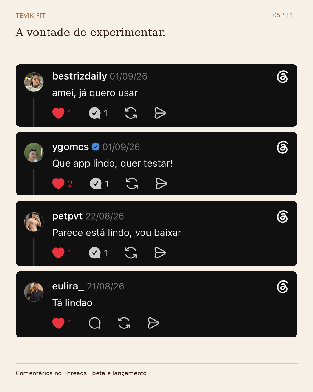 Comentários reais no Threads de pessoas interessadas em experimentar a Tevik Fit