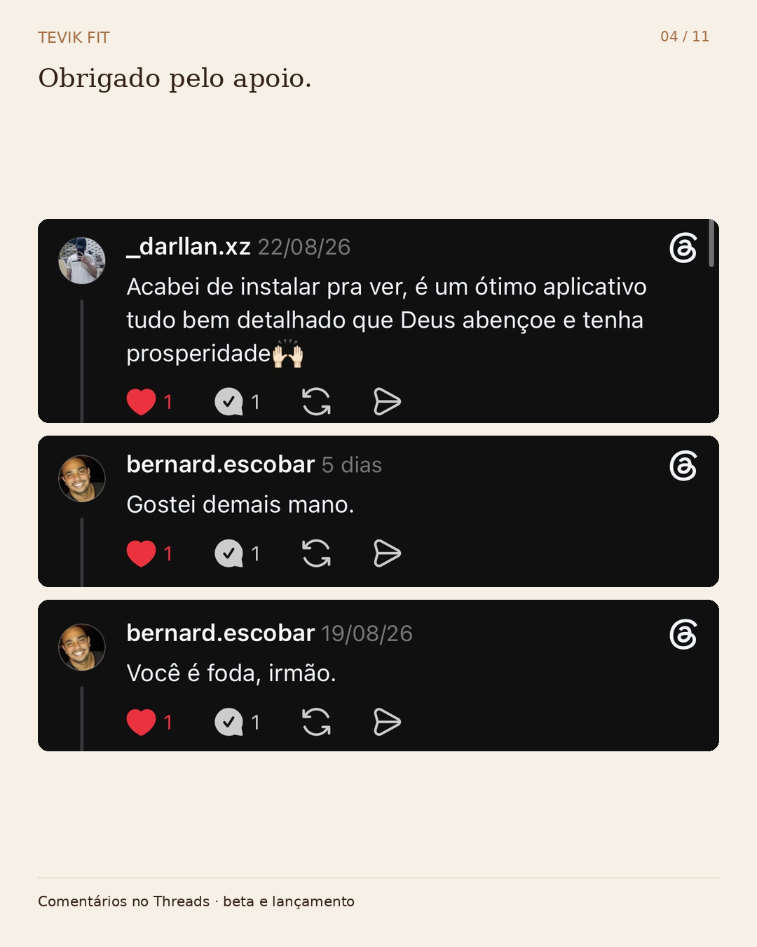 Comentários reais no Threads de apoio à Tevik Fit