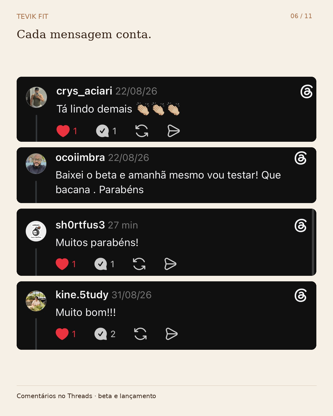 Comentários reais no Threads a elogiar a Tevik Fit