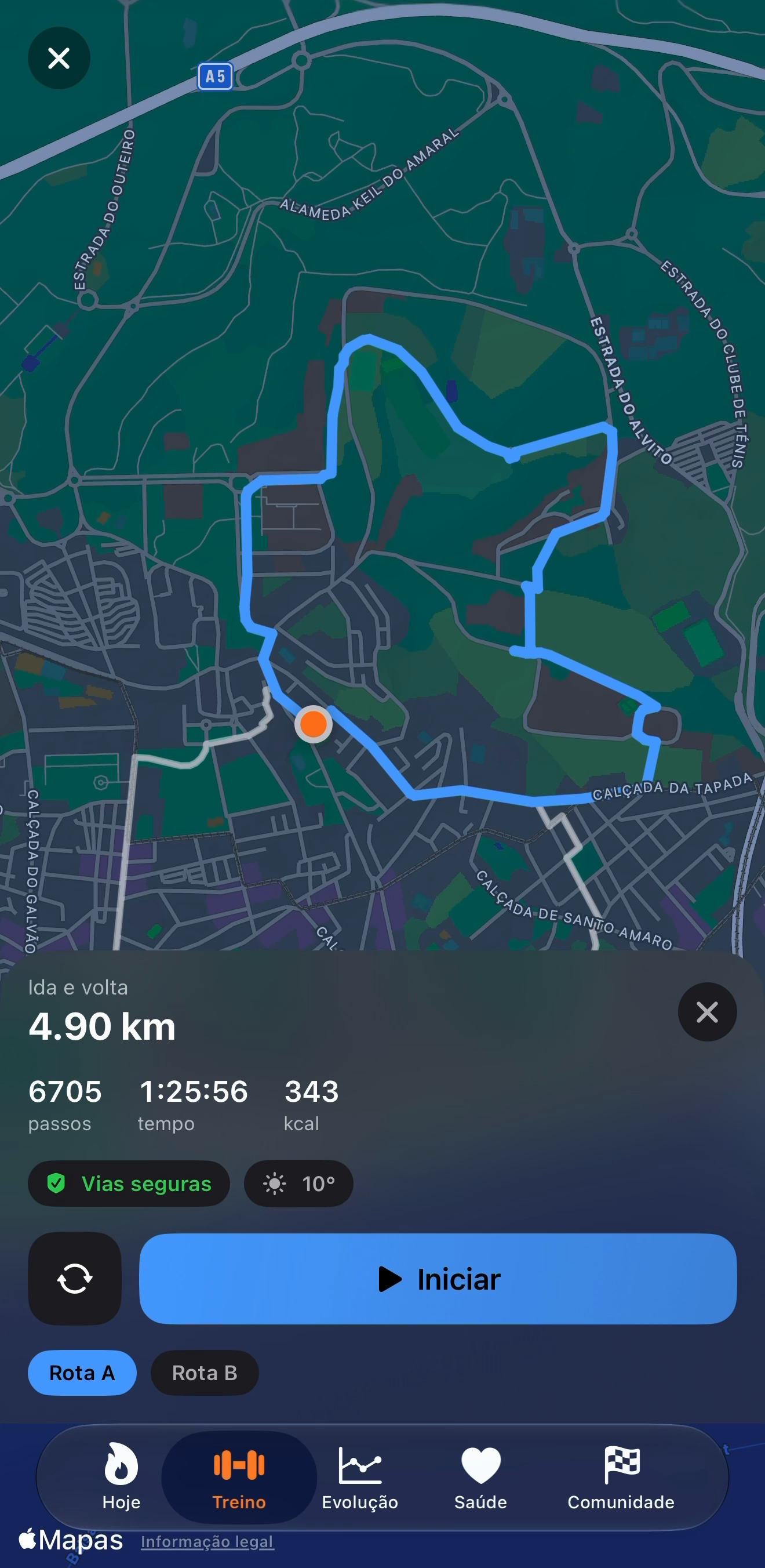 Mapa da Tevik Fit com uma rota de ida e volta gerada automaticamente