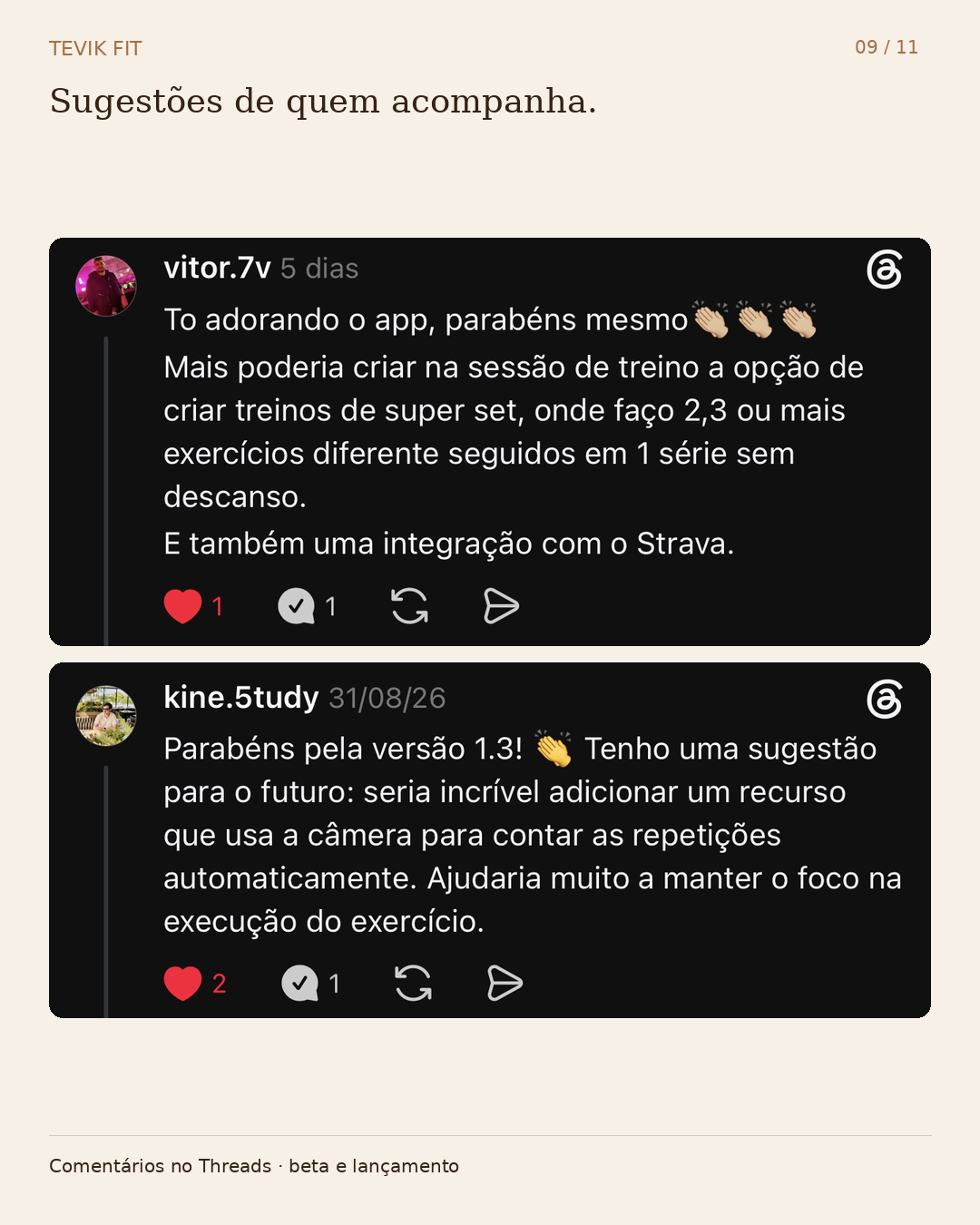 Comentários reais no Threads com elogios e sugestões para a Tevik Fit