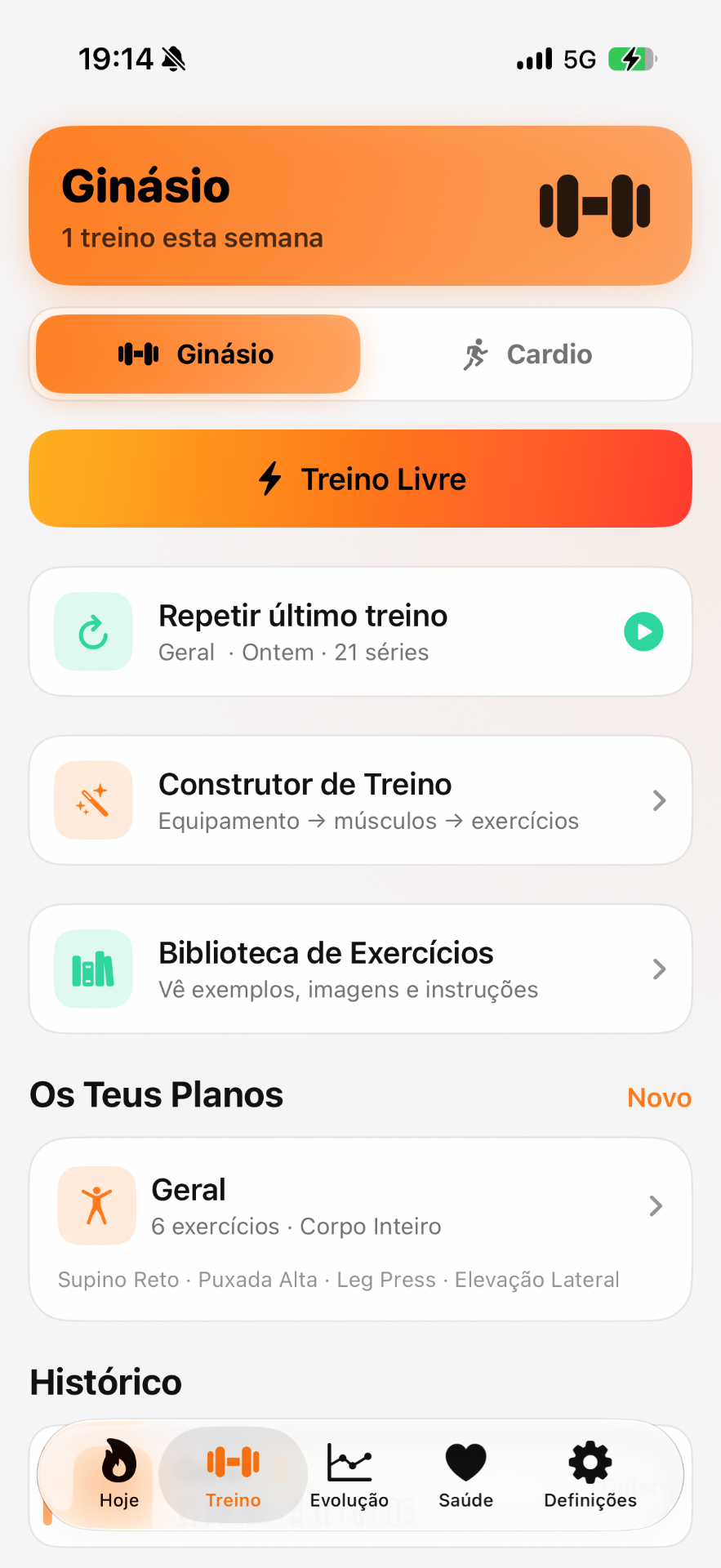 Ginásio · Treino Livre, Construtor, Biblioteca